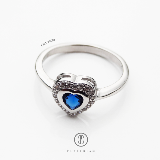 ANILLO RODINADO CORAZON AZUL PLATA.925