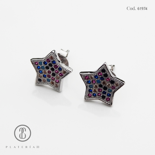 ARETE RODINADO ESTRELLAS COLORES PLATA.925