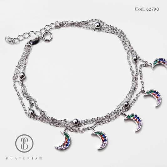 PULSERA RODINADO LUNA MULTICOLOR PLATA.925