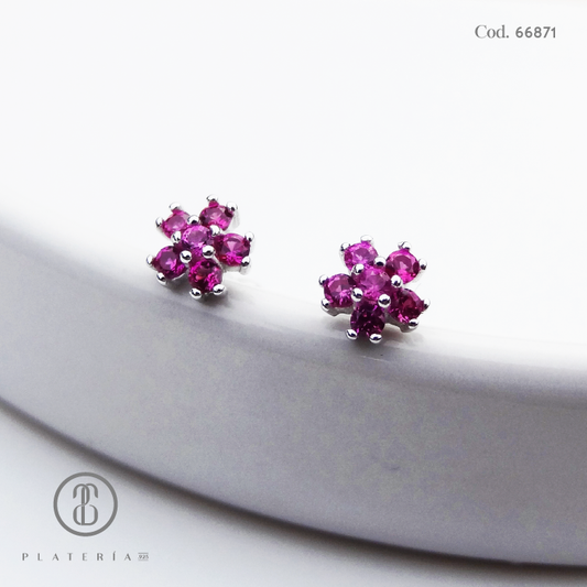 ARETE RODINADO CIERRE BOLITA FLOR FUCSIA PLATA.925