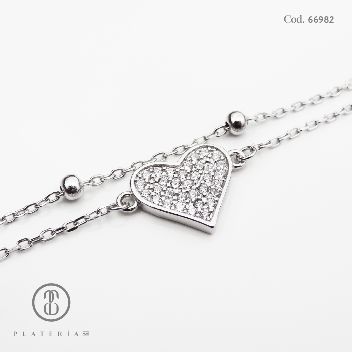 PULSERA DOBLE RODINADO CORAZON PLATA.925