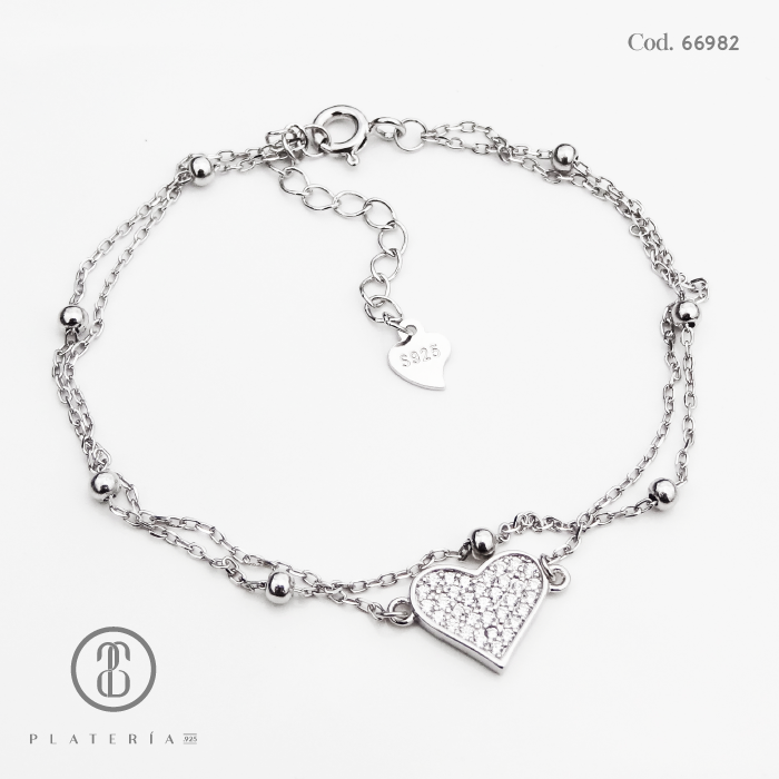 PULSERA DOBLE RODINADO CORAZON PLATA.925