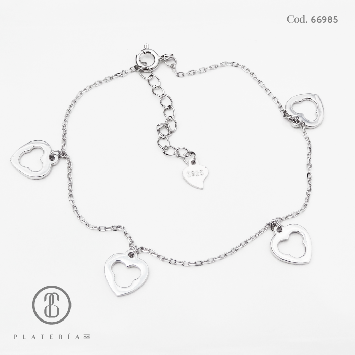 PULSERA RODINADA CORAZONES PLATA.925