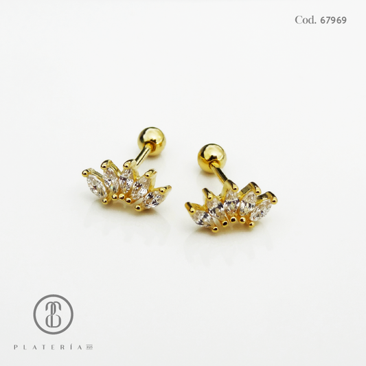 ARETE DORADO BAÑO14K CIERRE BOLITA CORONITA ZIRCON PLATA.925