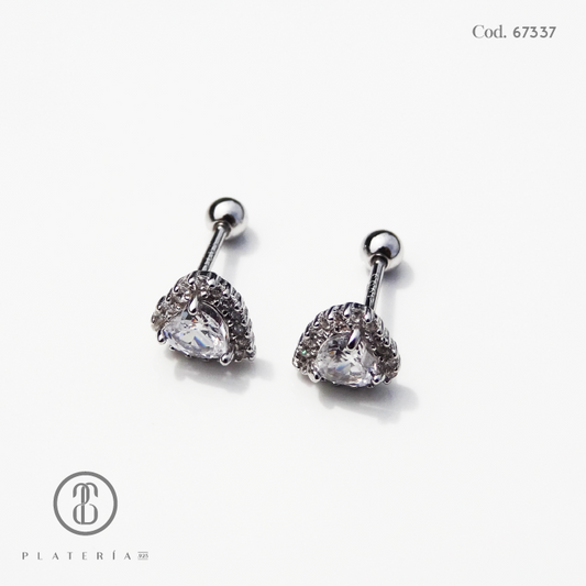 ARETE RODINADO CIERRE BOLITA CORAZON ZIRCON PLATA.925