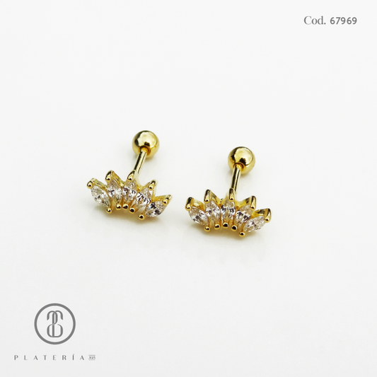 ARETE DORADO BAÑO14K CIERRE BOLITA CORONITA ZIRCON PLATA.925