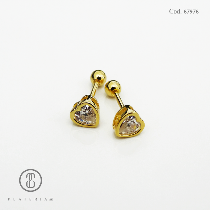 ARETE DORADO BAÑO 14K CORAZON 5MM CIERRE BOLITA PLATA.925