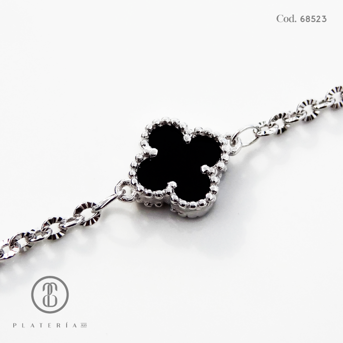 PULSERA RODINADA TREBOL ONIX PLATA.925