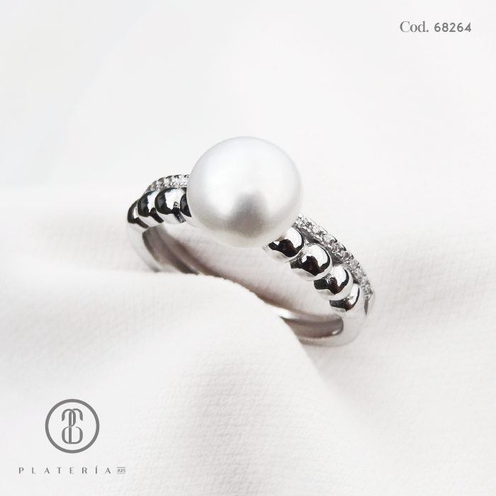 ANILLO RODINADO PERLA CULTIVADA ZIRCON PLATA.925