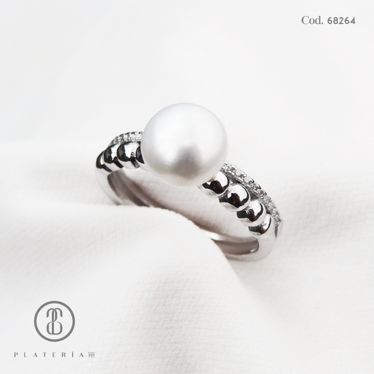 ANILLO RODINADO PERLA CULTIVADA ZIRCON PLATA.925