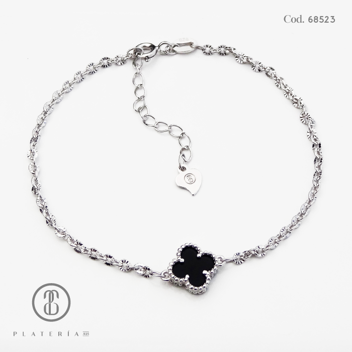 PULSERA RODINADA TREBOL ONIX PLATA.925