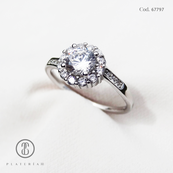 ANILLO RODINADO FLOR ZIRCON PLATA.925