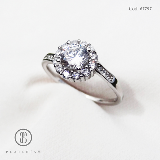 ANILLO RODINADO FLOR ZIRCON PLATA.925