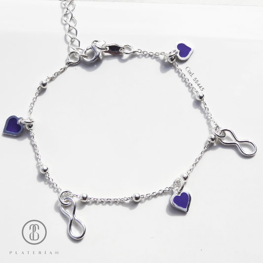 PULSERA INFINITO CORAZON MORADO PLATA.925