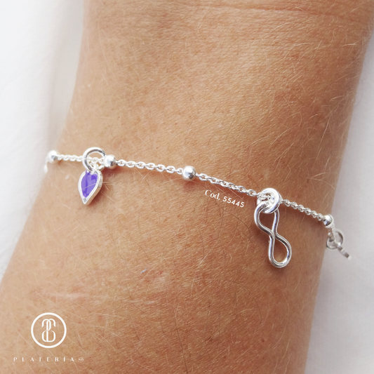 PULSERA INFINITO CORAZON MORADO PLATA.925