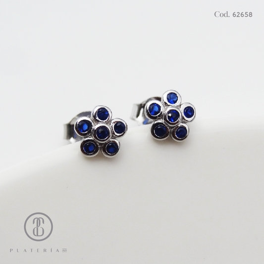 ARETE RODINADO FLOR AZUL PLATA.925