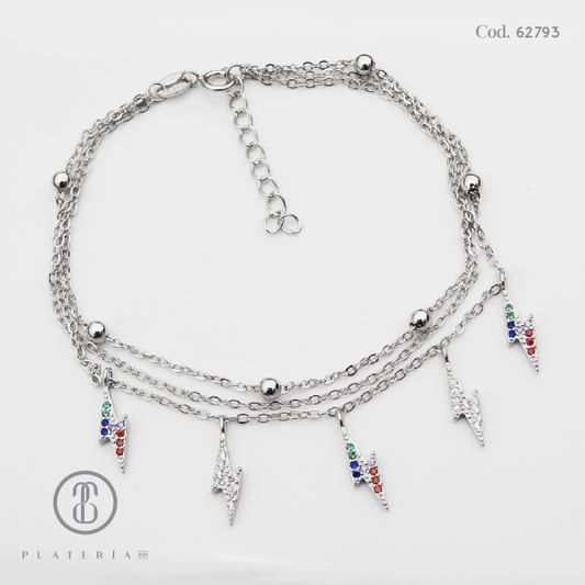 PULSERA RODINADA RAYOS MULTICOLOR PLATA.925